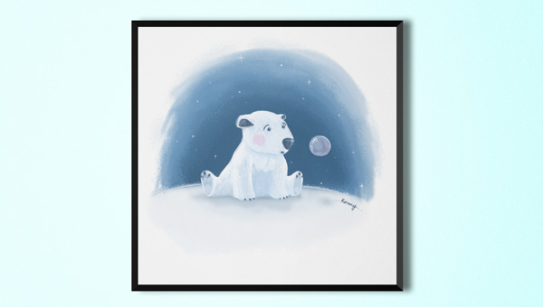 Illustration d'un Ourson regardant une bulle, créée par Romy Cardon